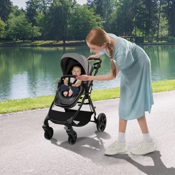 Poussette Bébé Convertible 2 en 1 Auvent et Dossier Réglables Siège Auto Légère Piable 6-36 Mois Jusqu'à 15kg Gris&Noir