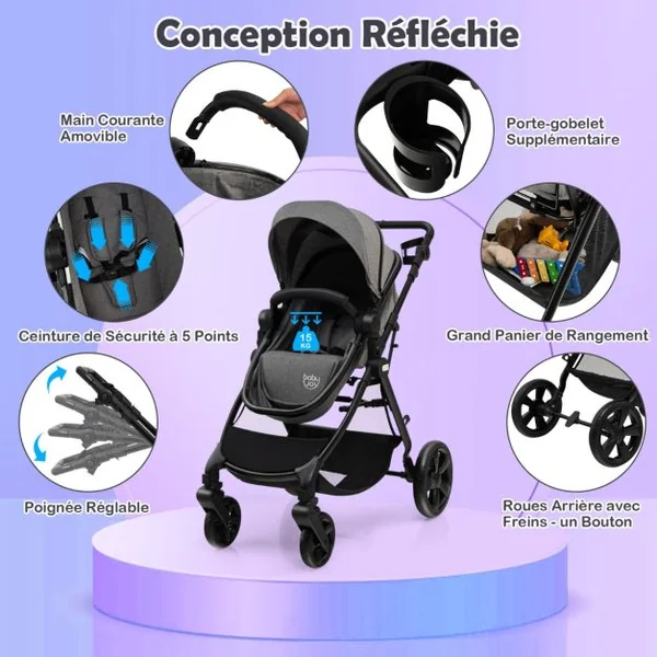 Poussette Bébé Convertible 2 en 1 Auvent et Dossier Réglables Siège Auto Légère Piable 6-36 Mois Jusqu'à 15kg Gris&Noir