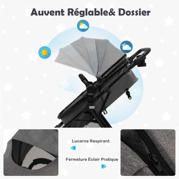 Poussette Bébé Convertible 2 en 1 Auvent et Dossier Réglables Siège Auto Légère Piable 6-36 Mois Jusqu'à 15kg Gris&Noir