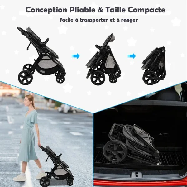 Poussette Bébé Convertible 2 en 1 Auvent et Dossier Réglables Siège Auto Légère Piable 6-36 Mois Jusqu'à 15kg Gris&Noir