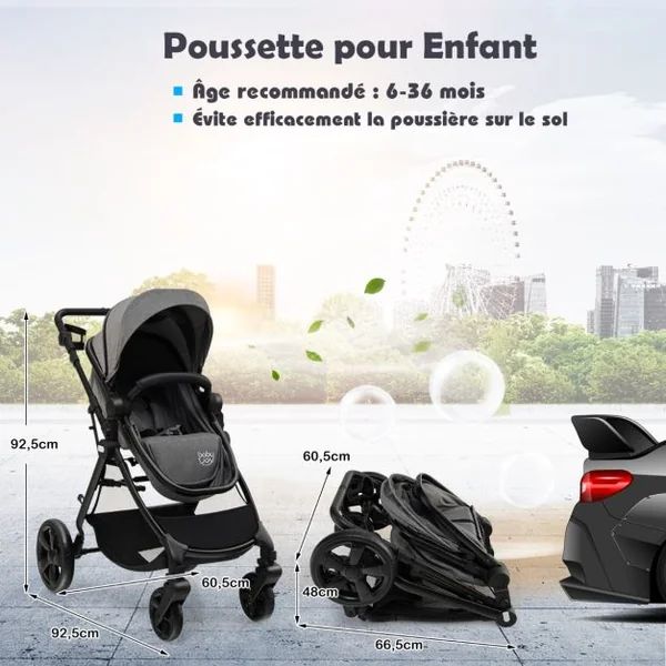 Poussette Bébé Convertible 2 en 1 Auvent et Dossier Réglables Siège Auto Légère Piable 6-36 Mois Jusqu'à 15kg Gris&Noir