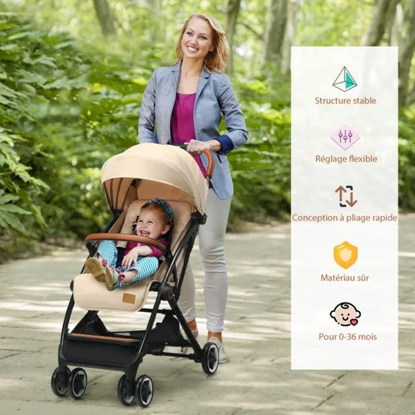 Poussette Bébé Pliable à Une Main avec Cadre En Aluminium Léger Dossier et Repose-Pieds Réglables Pour 6 -36 Mois Beige/Gris/Bleu