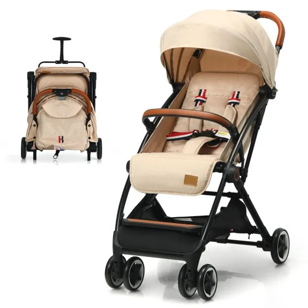 Poussette Bébé Pliable à Une Main avec Cadre En Aluminium Léger Dossier et Repose-Pieds Réglables Pour 6 -36 Mois Beige/Gris/Bleu