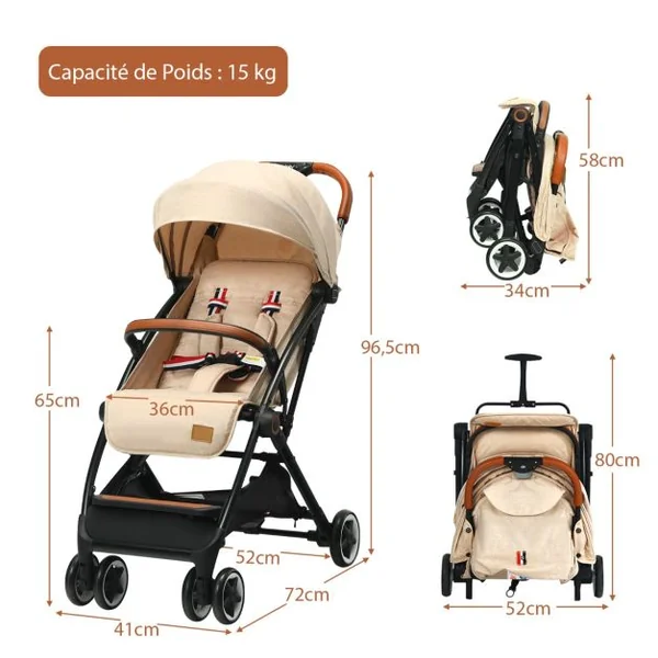 Poussette Bébé Pliable à Une Main avec Cadre En Aluminium Léger Dossier et Repose-Pieds Réglables Pour 6 -36 Mois Beige/Gris/Bleu