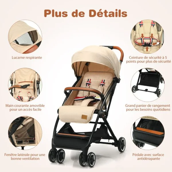 Poussette Bébé Pliable à Une Main avec Cadre En Aluminium Léger Dossier et Repose-Pieds Réglables Pour 6 -36 Mois Beige/Gris/Bleu