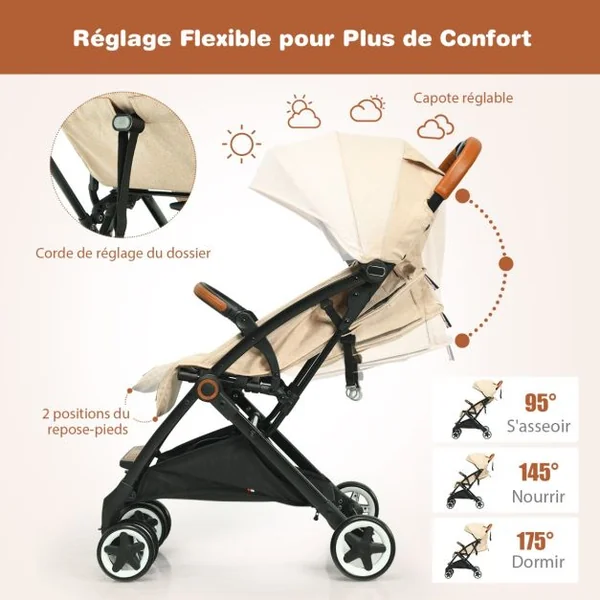 Poussette Bébé Pliable à Une Main avec Cadre En Aluminium Léger Dossier et Repose-Pieds Réglables Pour 6 -36 Mois Beige/Gris/Bleu