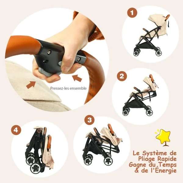 Poussette Bébé Pliable à Une Main avec Cadre En Aluminium Léger Dossier et Repose-Pieds Réglables Pour 6 -36 Mois Beige/Gris/Bleu