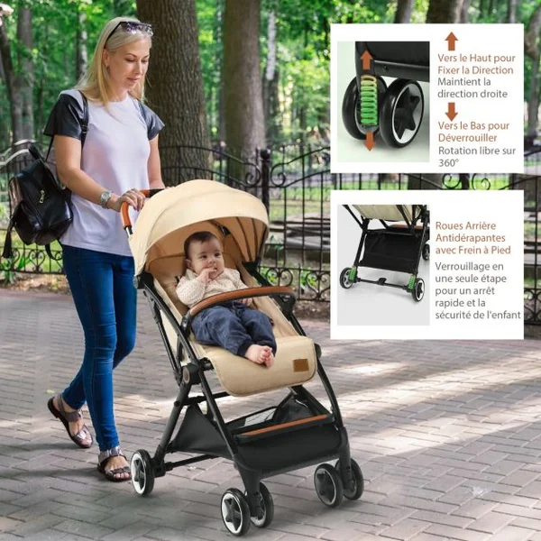 Poussette Bébé Pliable à Une Main avec Cadre En Aluminium Léger Dossier et Repose-Pieds Réglables Pour 6 -36 Mois Beige/Gris/Bleu