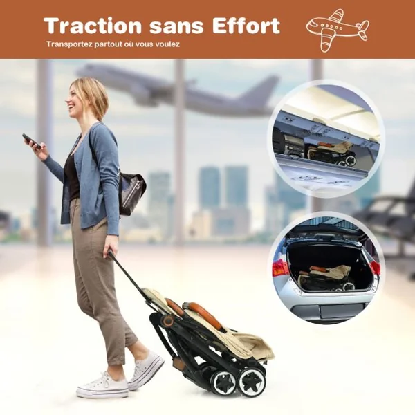 Poussette Bébé Pliable à Une Main avec Cadre En Aluminium Léger Dossier et Repose-Pieds Réglables Pour 6 -36 Mois Beige/Gris/Bleu