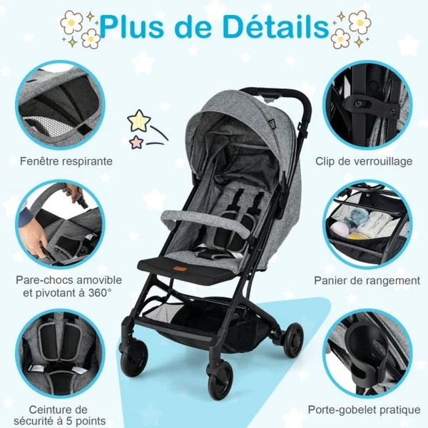 Poussette Bébé Pliable à une Main Conception Bagages avec Poignée Rétractable Rideau Arrière Enroulé Dossier Réglable Gris