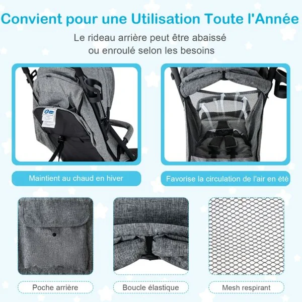 Poussette Bébé Pliable à une Main Conception Bagages avec Poignée Rétractable Rideau Arrière Enroulé Dossier Réglable Gris