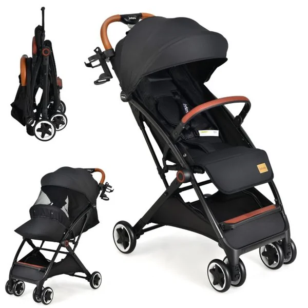 Poussette de Voyage pour Bébé avec Pare-soleil Inclinable Porte-gobelet Harnais 5 Points Dossier Réglable Chancelière Rangement Inférieur Gris/Noir