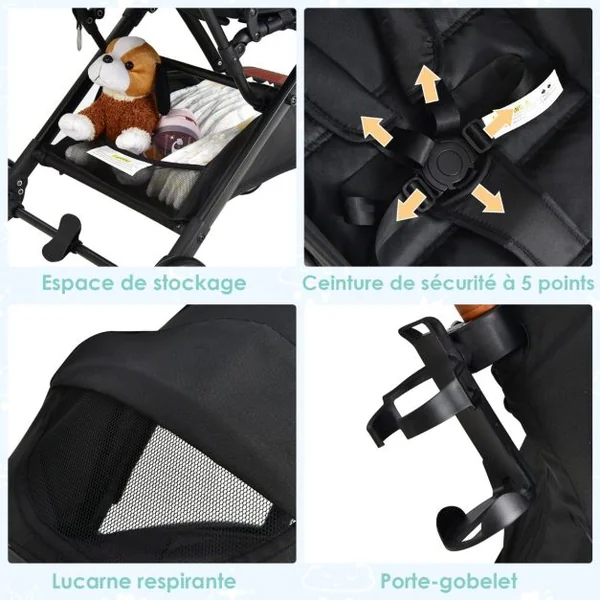 Poussette de Voyage pour Bébé avec Pare-soleil Inclinable Porte-gobelet Harnais 5 Points Dossier Réglable Chancelière Rangement Inférieur Gris/Noir