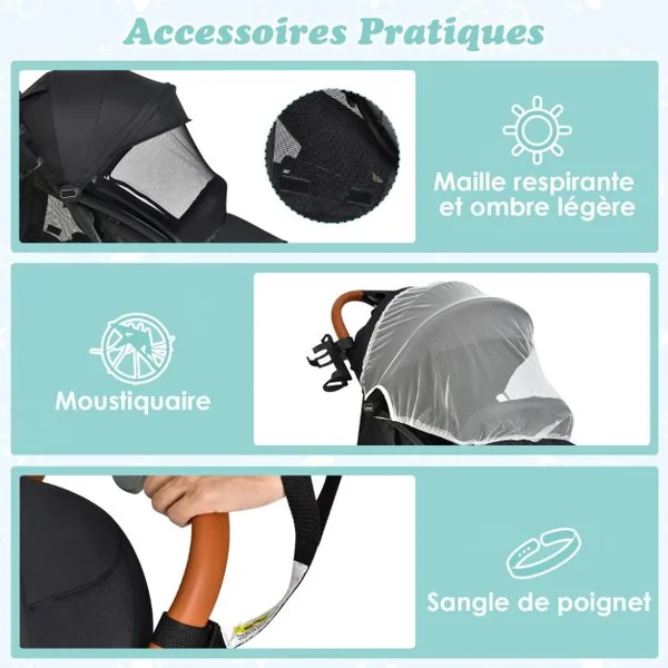 Poussette de Voyage pour Bébé avec Pare-soleil Inclinable Porte-gobelet Harnais 5 Points Dossier Réglable Chancelière Rangement Inférieur Gris/Noir