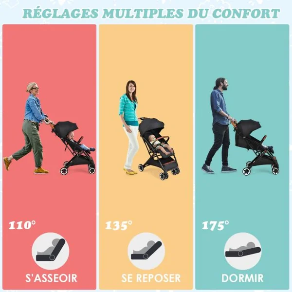 Poussette de Voyage pour Bébé avec Pare-soleil Inclinable Porte-gobelet Harnais 5 Points Dossier Réglable Chancelière Rangement Inférieur Gris/Noir