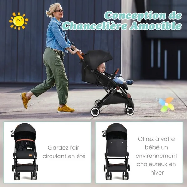 Poussette de Voyage pour Bébé avec Pare-soleil Inclinable Porte-gobelet Harnais 5 Points Dossier Réglable Chancelière Rangement Inférieur Gris/Noir
