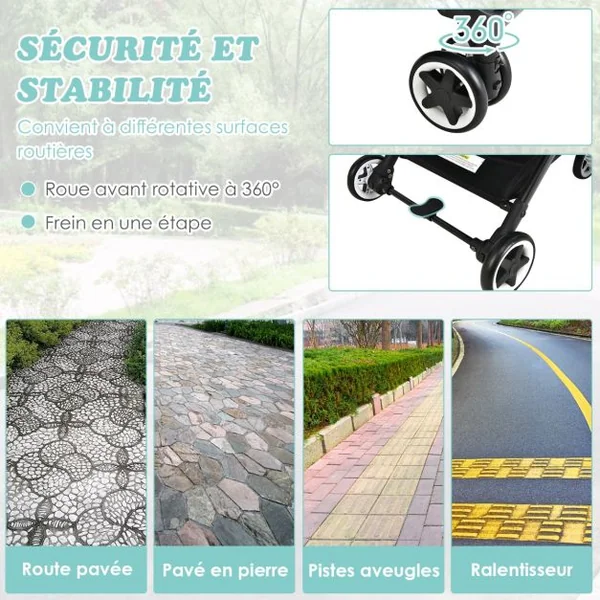 Poussette de Voyage pour Bébé avec Pare-soleil Inclinable Porte-gobelet Harnais 5 Points Dossier Réglable Chancelière Rangement Inférieur Gris/Noir