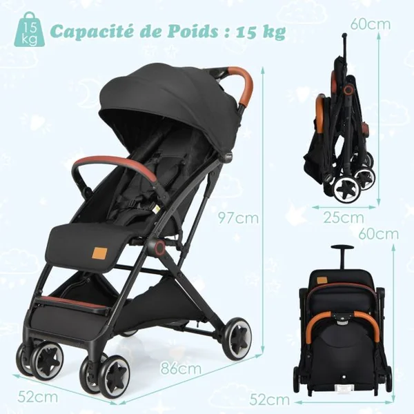 Poussette de Voyage pour Bébé avec Pare-soleil Inclinable Porte-gobelet Harnais 5 Points Dossier Réglable Chancelière Rangement Inférieur Gris/Noir