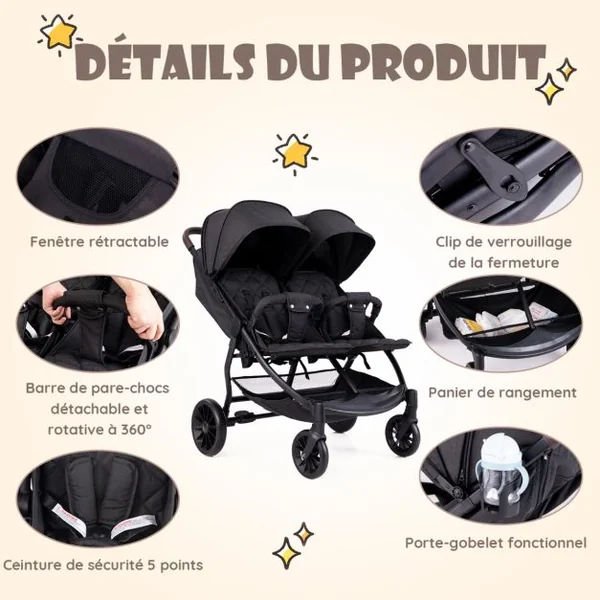 Poussette Double Pliante pour Bébé 0 à 3 Ans Charge 15KG Poussette Côte à Côte avec Dossier Réglable Auvent Roues Freinées Noir