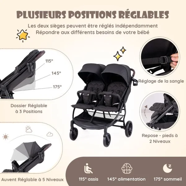 Poussette Double Pliante pour Bébé 0 à 3 Ans Charge 15KG Poussette Côte à Côte avec Dossier Réglable Auvent Roues Freinées Noir