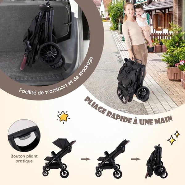 Poussette Double Pliante pour Bébé 0 à 3 Ans Charge 15KG Poussette Côte à Côte avec Dossier Réglable Auvent Roues Freinées Noir