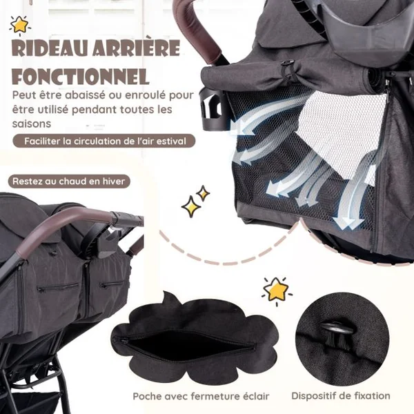 Poussette Double Pliante pour Bébé 0 à 3 Ans Charge 15KG Poussette Côte à Côte avec Dossier Réglable Auvent Roues Freinées Noir