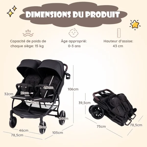 Poussette Double Pliante pour Bébé 0 à 3 Ans Charge 15KG Poussette Côte à Côte avec Dossier Réglable Auvent Roues Freinées Noir
