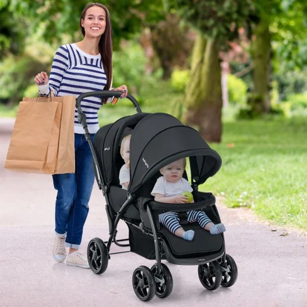 Poussette Double Pliante pour Bébé avec Siège et Auvent Tandem Ceinture de Sécurité à 5 Points Dossier Réglable Poignée de Poussée Gris/Noir/Bleu