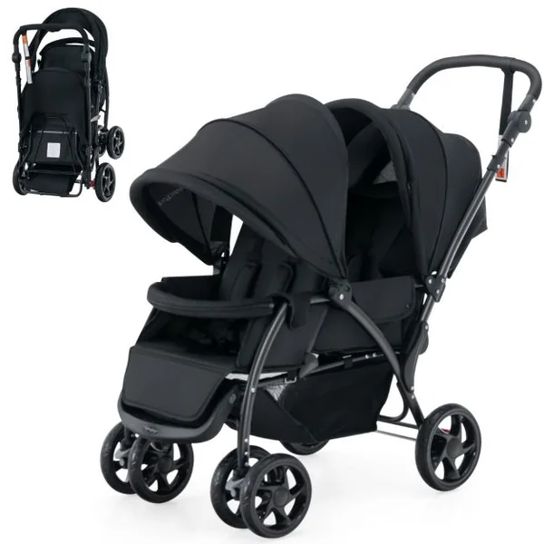Poussette Double Pliante pour Bébé avec Siège et Auvent Tandem Ceinture de Sécurité à 5 Points Dossier Réglable Poignée de Poussée Gris/Noir/Bleu