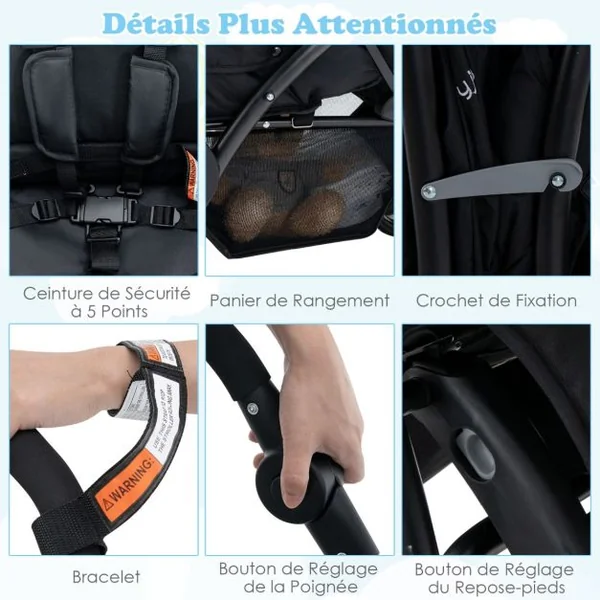 Poussette Double Pliante pour Bébé avec Siège et Auvent Tandem Ceinture de Sécurité à 5 Points Dossier Réglable Poignée de Poussée Gris/Noir/Bleu