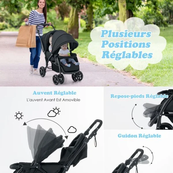 Poussette Double Pliante pour Bébé avec Siège et Auvent Tandem Ceinture de Sécurité à 5 Points Dossier Réglable Poignée de Poussée Gris/Noir/Bleu