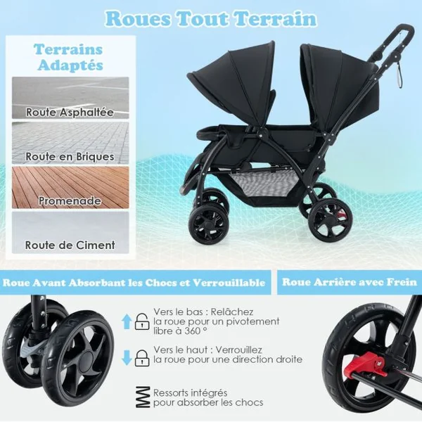 Poussette Double Pliante pour Bébé avec Siège et Auvent Tandem Ceinture de Sécurité à 5 Points Dossier Réglable Poignée de Poussée Gris/Noir/Bleu