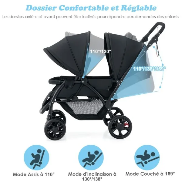 Poussette Double Pliante pour Bébé avec Siège et Auvent Tandem Ceinture de Sécurité à 5 Points Dossier Réglable Poignée de Poussée Gris/Noir/Bleu
