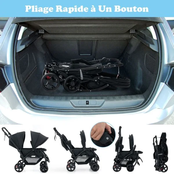 Poussette Double Pliante pour Bébé avec Siège et Auvent Tandem Ceinture de Sécurité à 5 Points Dossier Réglable Poignée de Poussée Gris/Noir/Bleu