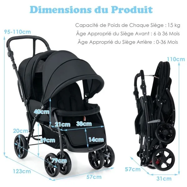 Poussette Double Pliante pour Bébé avec Siège et Auvent Tandem Ceinture de Sécurité à 5 Points Dossier Réglable Poignée de Poussée Gris/Noir/Bleu