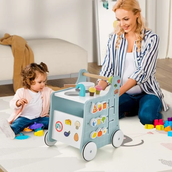 Poussette en Bois 6 en 1 pour Bébé Centre d'Activités d'Apprentissage Cuisine de Jeu Horloge Pédagogique Curseur Mobile et Assorti Vert/Bleu