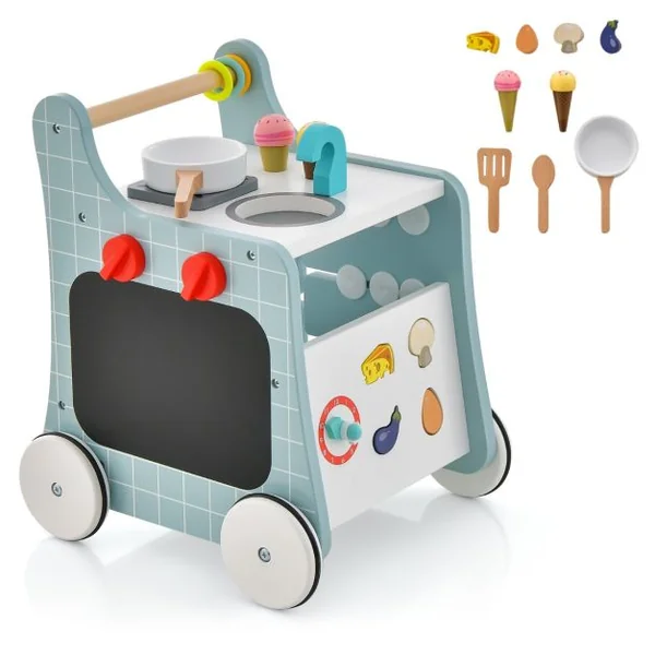 Poussette en Bois 6 en 1 pour Bébé Centre d'Activités d'Apprentissage Cuisine de Jeu Horloge Pédagogique Curseur Mobile et Assorti Vert/Bleu