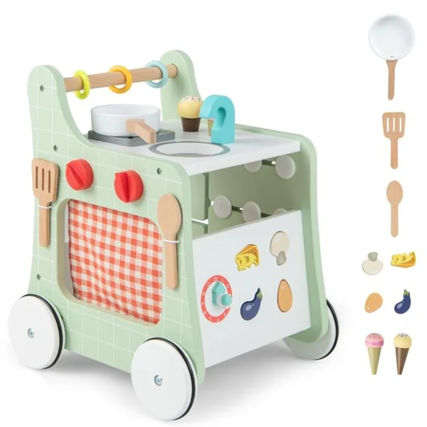 Poussette en Bois 6 en 1 pour Bébé Centre d'Activités d'Apprentissage Cuisine de Jeu Horloge Pédagogique Curseur Mobile et Assorti Vert/Bleu