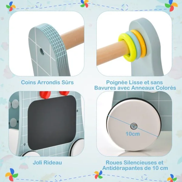 Poussette en Bois 6 en 1 pour Bébé Centre d'Activités d'Apprentissage Cuisine de Jeu Horloge Pédagogique Curseur Mobile et Assorti Vert/Bleu