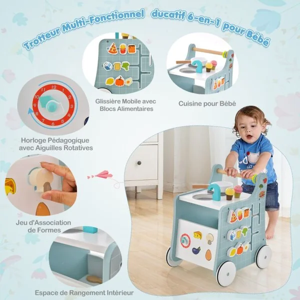 Poussette en Bois 6 en 1 pour Bébé Centre d'Activités d'Apprentissage Cuisine de Jeu Horloge Pédagogique Curseur Mobile et Assorti Vert/Bleu