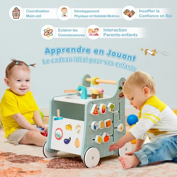 Poussette en Bois 6 en 1 pour Bébé Centre d'Activités d'Apprentissage Cuisine de Jeu Horloge Pédagogique Curseur Mobile et Assorti Vert/Bleu