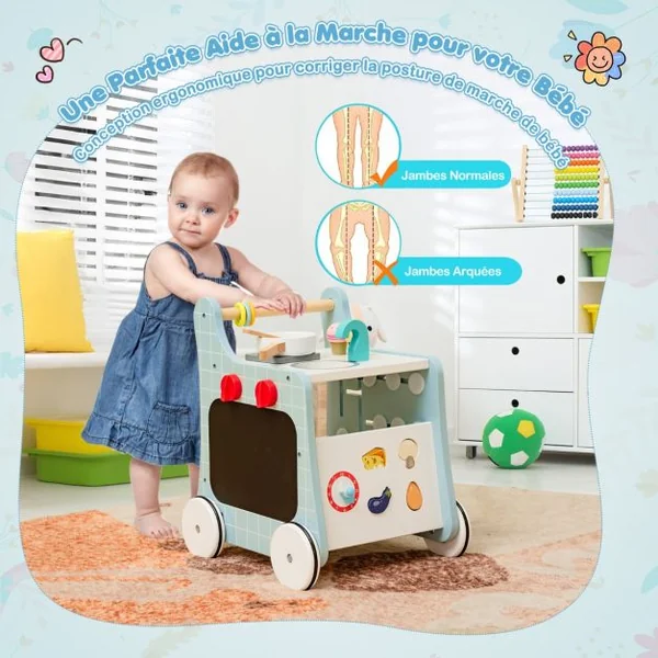 Poussette en Bois 6 en 1 pour Bébé Centre d'Activités d'Apprentissage Cuisine de Jeu Horloge Pédagogique Curseur Mobile et Assorti Vert/Bleu