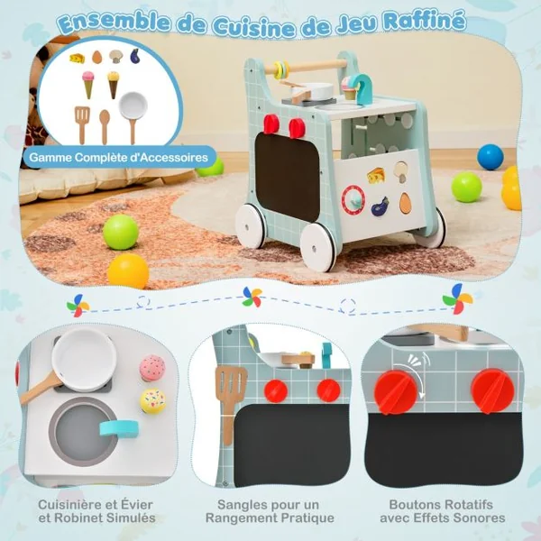 Poussette en Bois 6 en 1 pour Bébé Centre d'Activités d'Apprentissage Cuisine de Jeu Horloge Pédagogique Curseur Mobile et Assorti Vert/Bleu