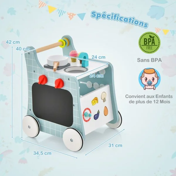 Poussette en Bois 6 en 1 pour Bébé Centre d'Activités d'Apprentissage Cuisine de Jeu Horloge Pédagogique Curseur Mobile et Assorti Vert/Bleu