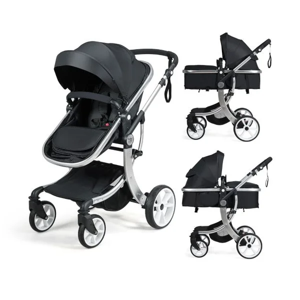 Poussette Haute pour Bébé 2 en 1 Inclinable Réversible Auvent Réglable Couvre-pieds Housse de Pluie Filet Fonctionnel Cadre en Alliage D'aluminium Gris