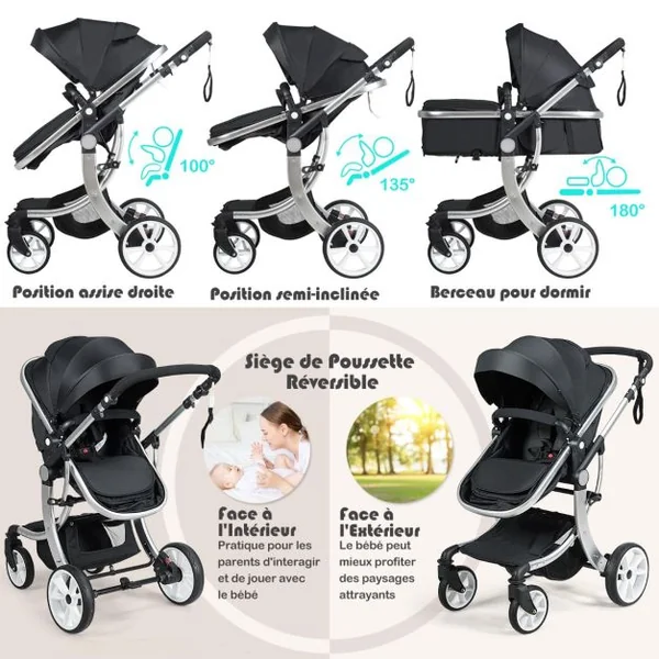 Poussette Haute pour Bébé 2 en 1 Inclinable Réversible Auvent Réglable Couvre-pieds Housse de Pluie Filet Fonctionnel Cadre en Alliage D'aluminium Gris