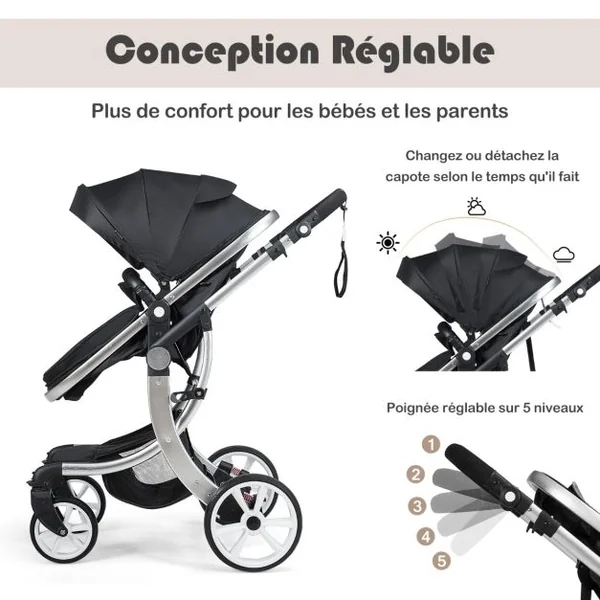 Poussette Haute pour Bébé 2 en 1 Inclinable Réversible Auvent Réglable Couvre-pieds Housse de Pluie Filet Fonctionnel Cadre en Alliage D'aluminium Gris