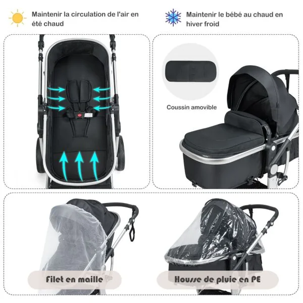 Poussette Haute pour Bébé 2 en 1 Inclinable Réversible Auvent Réglable Couvre-pieds Housse de Pluie Filet Fonctionnel Cadre en Alliage D'aluminium Gris