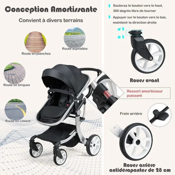 Poussette Haute pour Bébé 2 en 1 Inclinable Réversible Auvent Réglable Couvre-pieds Housse de Pluie Filet Fonctionnel Cadre en Alliage D'aluminium Gris