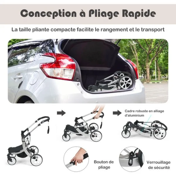 Poussette Haute pour Bébé 2 en 1 Inclinable Réversible Auvent Réglable Couvre-pieds Housse de Pluie Filet Fonctionnel Cadre en Alliage D'aluminium Gris